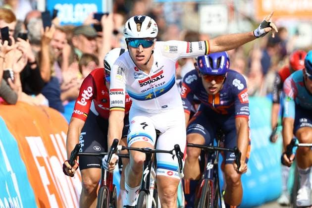 Belgian Tim Merlier of Soudal Quick-Step celebrates as he crosses the finish line to win the first stage of the Renewi Tour multi-stage cycling race, from Terneuzen to Breskens, The Netherlands (182,7 km) on Wednesday 20 August 2025. The five-day race takes place in Belgium and the Netherlands. DAVIDxPINTENS  x131648280x