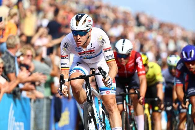 Belgian Tim Merlier of Soudal Quick-Step celebrates as he crosses the finish line to win the first stage of the Renewi Tour multi-stage cycling race, from Terneuzen to Breskens, The Netherlands (182,7 km) on Wednesday 20 August 2025. The five-day race takes place in Belgium and the Netherlands. DAVIDxPINTENS  x131648322x