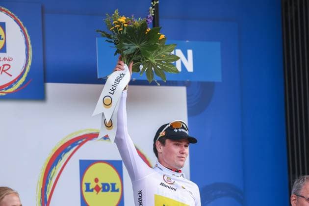 Cycling UCI ProSeries Men Elite Deutschland Tour 2025 Prologue on 20 08 2025 on the grounds of the Zeche Zollverein in Essen Soren Waerenskjold UNO X MOBILITY on the podium xJRx