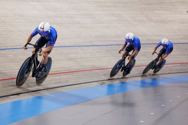 2025 UCI Junior Track World Championships Picture by Alex Whitehead SWpix.com - 20 08 2025 - Cycling - 2025 UCI Junior Track World Championships - Omnisport, Apeldoorn, Netherlands - Men Team Sprint Round 1 - Filippo Cusumano (Italy), Thomas Melotto (Italy), Matteo Ghirelli (Italy) Copyright: x xSWpix.comx(t axPhotographyxHubxLtd)xAlexxWhitehead SWpix.comx SWP-3030-0739