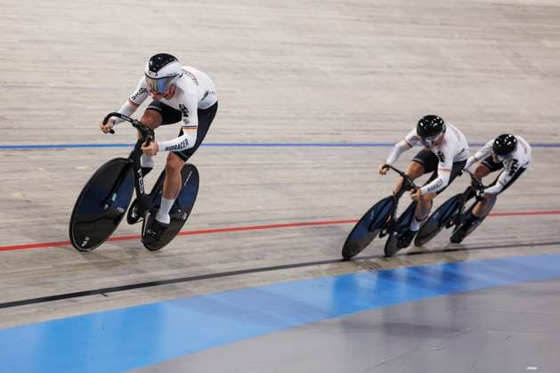 2025 UCI Junior Track World Championships Picture by Alex Whitehead SWpix.com - 20 08 2025 - Cycling - 2025 UCI Junior Track World Championships - Omnisport, Apeldoorn, Netherlands - Men Team Sprint Round 1 - Maurice Steckel (Germany), Benjamin Bock (Germany), Leonidas Rekowski (Germany) Copyright: x xSWpix.comx(t axPhotographyxHubxLtd)xAlexxWhitehead SWpix.comx SWP-3030-0740