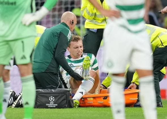 Alistair Johnston of Celtic is helped on to a stretcher before being carried off the pitch injured and substituted for Anthony Ralston of Celtic. Celtic v Kairat Almaty, UEFA Champions League, Play-Off Round, First Leg, Football, Celtic Park, Glasgow, Scotland, UK - 20 Aug 2025Glasgow Celtic Park Scotland United Kingdom EDITORIAL USE ONLY No use with unauthorised audio, video, data, fixture lists, club league logos or live services. Online in-match use limited to 120 images, no video emulation. No use in betting, games or single club league player publications.  Copyright: xStuartxWallace Shutterstockx 15446684ab
