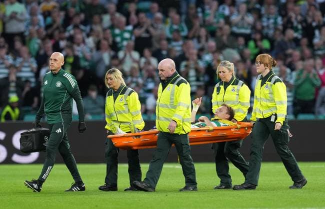 Alistair Johnston of Celtic is carried off the pitch on a stretcher injured and substituted for Anthony Ralston of Celtic. Celtic v Kairat Almaty, UEFA Champions League, Play-Off Round, First Leg, Football, Celtic Park, Glasgow, Scotland, UK - 20 Aug 2025Glasgow Celtic Park Scotland United Kingdom EDITORIAL USE ONLY No use with unauthorised audio, video, data, fixture lists, club league logos or live services. Online in-match use limited to 120 images, no video emulation. No use in betting, games or single club league player publications.  Copyright: xStuartxWallace Shutterstockx 15446684ag