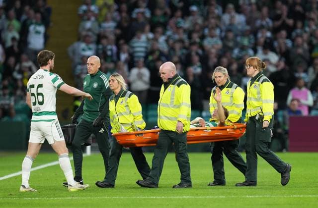 Alistair Johnston of Celtic is carried off the pitch on a stretcher injured and substituted for Anthony Ralston of Celtic. Celtic v Kairat Almaty, UEFA Champions League, Play-Off Round, First Leg, Football, Celtic Park, Glasgow, Scotland, UK - 20 Aug 2025Glasgow Celtic Park Scotland United Kingdom EDITORIAL USE ONLY No use with unauthorised audio, video, data, fixture lists, club league logos or live services. Online in-match use limited to 120 images, no video emulation. No use in betting, games or single club league player publications.  Copyright: xStuartxWallace Shutterstockx 15446684am