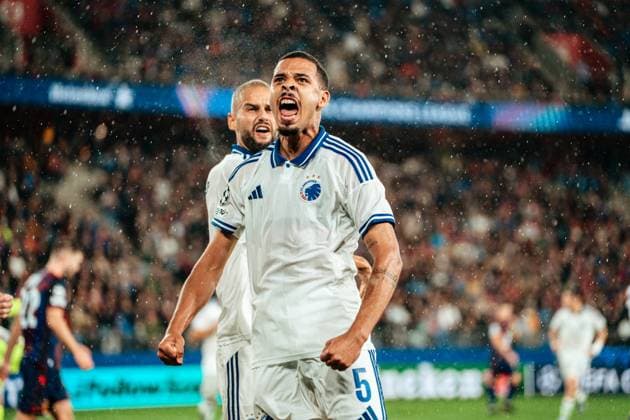 20 08 2025, Football, Men, Champions League Playoffs, Season 25 26, FC Basel vs FC Copenhagen Gabriel Pereira 5 FC Copenhagen celebrates after his goal for 1 1 St Jakob Park, Basel, Switzerland
