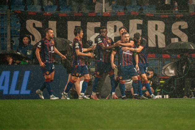 20 08 2025, Football, Men, Champions League Playoffs, Season 25 26, FC Basel vs FC Copenhagen Xherdan Shaqiri 23 FC Basel celebrates after his goal to make it 1 0 St Jakob Park, Basel, Switzerland