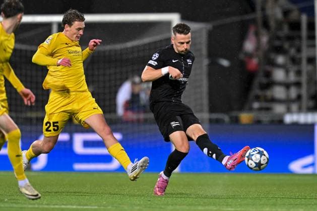 SOCCER - UEFA CL, Bodo vs Sturm FELDKIRCHEN,AUSTRIA,20.AUG.25 - SOCCER - UEFA Champions League, play off, FK Bodo Glimt vs SK Sturm Graz. Image shows Isak Dybvik Maeaettae (Bodo Glimt) and Dimitri Lavalee (Sturm).  GEPAxpictures xAvnixRetkoceri