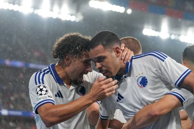 Jordan Larsson FC Copenhagen, F C Kobenhavn, 11 , Gabriel Pereira FC Copenhagen, F C Kobenhavn, 05 Goal celebration, Emotions, Goal shot, Conclusion, Goal success, Goal, Goal , Switzerland, Football, UEFA Champions League , Play off first leg, 2025 26, FC Basel vs FC Copenhagen, 20 08 2025, St Jakob Park, Basel, Switzerland Basel St Jakob Park Basel City Switzerland Copyright: xArnexAmbergx