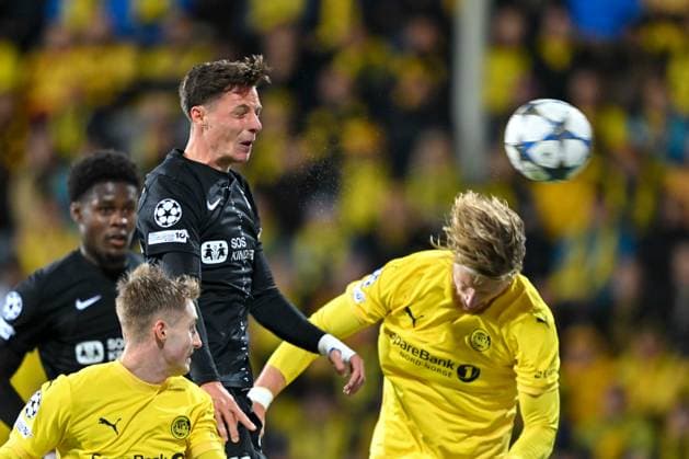 SOCCER - UEFA CL, Bodo vs Sturm BODO,NORWAY,20.AUG.25 - SOCCER - UEFA Champions League, play off, FK Bodo Glimt vs SK Sturm Graz. Image shows Belmin Beganovic (Sturm) and Kasper Hoegh (Bodo Glimt).  GEPAxpictures xAvnixRetkoceri