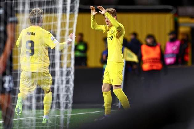 UEFA Champions League Playoff 2025 2026 Bodo Glimt Sturm Graz Bodo 20250820 Bodo Glimts Jens Petter Hauge and Kasper Waarst Hogh celebrate the 5 0 score that came after an own goal during the UEFA Champions League Playoff match between Bodo Glimt and Sturm Graz at Aspmyra Stadium Photo Mats Torbergsen NTB Bodo Norway EDITORIAL USE ONLY RESTRICTED USE FOR BETTING COMPANIES  Copyright: xMatsxTorbergsenx xNTBx