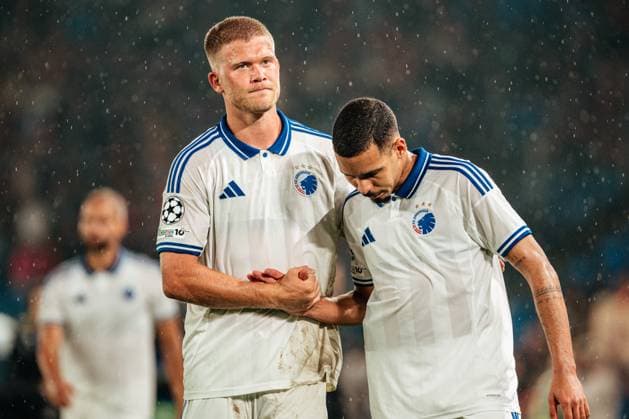 20 08 2025, Football, Men, Champions League Playoffs, Season 25 26, FC Basel vs FC Copenhagen Andreas Cornelius 14 FC Copenhagen and Gabriel Pereira 5 FC Copenhagen St Jakob Park, Basel, Switzerland