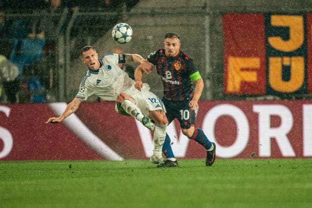 20 08 2025, Football, Men, Champions League Playoffs, Season 25 26, FC Basel vs FC Copenhagen Lukas Lerager 12 FC Copenhagen in a duel with Xherdan Shaqiri 10 FC Basel St Jakob Park, Basel, Switzerland