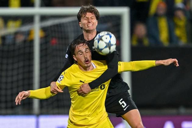 SOCCER - UEFA CL, Bodo vs Sturm FELDKIRCHEN,AUSTRIA,20.AUG.25 - SOCCER - UEFA Champions League, play off, FK Bodo Glimt vs SK Sturm Graz. Image shows Andreas Helmersen (Bodo Glimt) and Tim Oermann (Sturm).  GEPAxpictures xAvnixRetkoceri