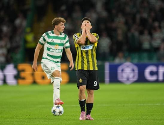 Dastan Stapayev of Kairat Almaty reacts after Referee Espen Eskos showed him a yellow card for stopping a free kick being taken quickly. Celtic v Kairat Almaty, UEFA Champions League, Play-Off Round, First Leg, Football, Celtic Park, Glasgow, Scotland, UK - 20 Aug 2025Glasgow Celtic Park Scotland United Kingdom EDITORIAL USE ONLY No use with unauthorised audio, video, data, fixture lists, club league logos or live services. Online in-match use limited to 120 images, no video emulation. No use in betting, games or single club league player publications.  Copyright: xStuartxWallace Shutterstockx 15446684cp