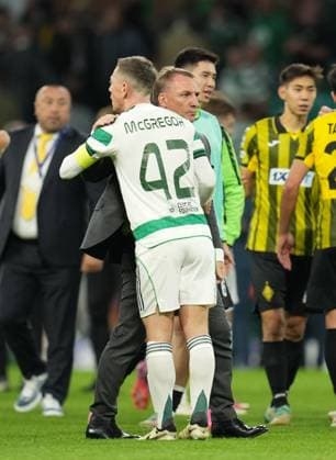 Celtic Manager Brendan Rodgers with Celtic captain Callum McGregor on the pitch at full-time. Final score Celtic 0 Kairat Almaty 0. Celtic v Kairat Almaty, UEFA Champions League, Play-Off Round, First Leg, Football, Celtic Park, Glasgow, Scotland, UK - 20 Aug 2025Glasgow Celtic Park Scotland United Kingdom EDITORIAL USE ONLY No use with unauthorised audio, video, data, fixture lists, club league logos or live services. Online in-match use limited to 120 images, no video emulation. No use in betting, games or single club league player publications.  Copyright: xStuartxWallace Shutterstockx 15446684cz