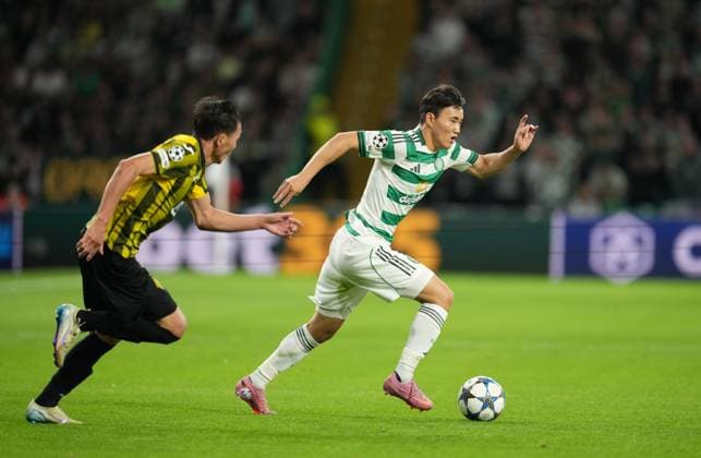 Hyunjun Yang of Celtic beats Yerkin Tapalov of Kairat Almaty Celtic v Kairat Almaty, UEFA Champions League, Play-Off Round, First Leg, Football, Celtic Park, Glasgow, Scotland, UK - 20 Aug 2025Glasgow Celtic Park Scotland United Kingdom EDITORIAL USE ONLY No use with unauthorised audio, video, data, fixture lists, club league logos or live services. Online in-match use limited to 120 images, no video emulation. No use in betting, games or single club league player publications.  Copyright: xStuartxWallace Shutterstockx 15446684db