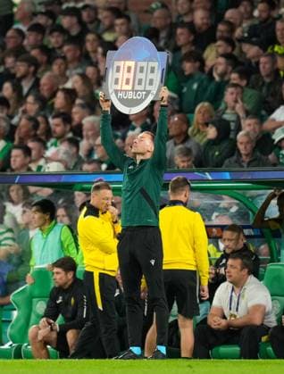Fourth official Marius Hansen Grotta shows 10 minutes of time added on after 90 minutes. Celtic v Kairat Almaty, UEFA Champions League, Play-Off Round, First Leg, Football, Celtic Park, Glasgow, Scotland, UK - 20 Aug 2025Glasgow Celtic Park Scotland United Kingdom EDITORIAL USE ONLY No use with unauthorised audio, video, data, fixture lists, club league logos or live services. Online in-match use limited to 120 images, no video emulation. No use in betting, games or single club league player publications.  Copyright: xStuartxWallace Shutterstockx 15446684dm