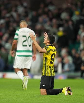Ricardinho of Kairat Almaty celebrates the 0-0 final score as the full-time white blows. Celtic v Kairat Almaty, UEFA Champions League, Play-Off Round, First Leg, Football, Celtic Park, Glasgow, Scotland, UK - 20 Aug 2025Glasgow Celtic Park Scotland United Kingdom EDITORIAL USE ONLY No use with unauthorised audio, video, data, fixture lists, club league logos or live services. Online in-match use limited to 120 images, no video emulation. No use in betting, games or single club league player publications.  Copyright: xStuartxWallace Shutterstockx 15446684dp