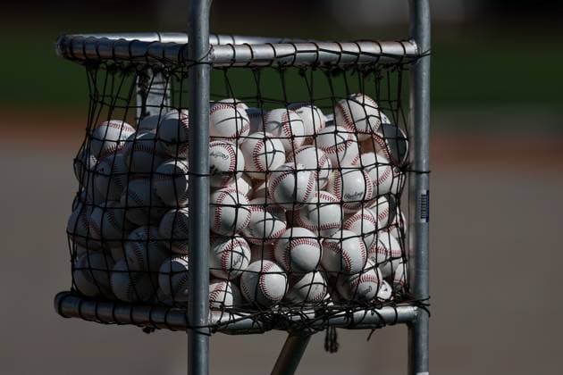 August 20, 2025: A basket of baseballs sits near the Texas Rangers dugout before a baseball game against the Kansas City Royals at Kauffman Stadium in Kansas City, MO. CSM Kansas City United States of America - ZUMAc04_ 20250820_zma_c04_001 Copyright: xDavidxSmithx