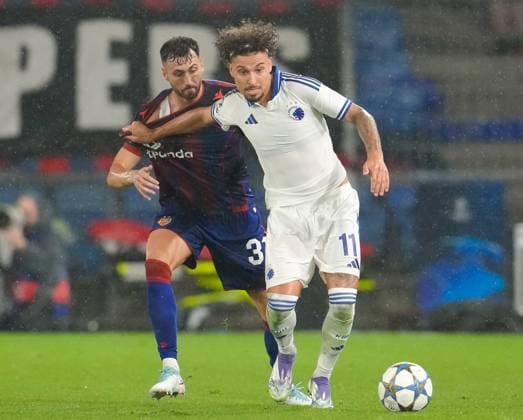 August 20, 2025, Basel, Switzerland: FC Copenhagen forward JORDAN LARSSON (11) moves the ball against FC Basel 1893 defender DOMINIK SCHMID (31) during the UEFA Champions League Playoff match between FC Basel 1893 and FC Copenhagen on August 20, 2025, in Basel, Switzerland. The match finished a 1-1 draw. Basel Switzerland - ZUMAc201 20250820_zap_c201_002 Copyright: xScottxColemanx