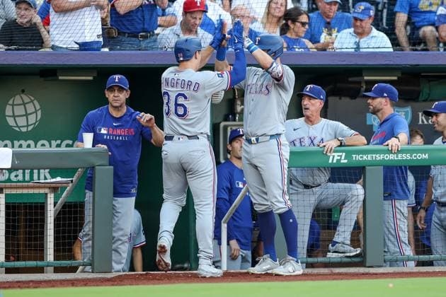August 20, 2025: Texas Rangers left fielder Wyatt Langford (36) and third baseman Josh Jung (6) celebrate Langford s solo home run during the first inning of a baseball game against the Kansas City Royals at Kauffman Stadium in Kansas City, MO. CSM Kansas City United States of America - ZUMAc04_ 20250820_zma_c04_005 Copyright: xDavidxSmithx