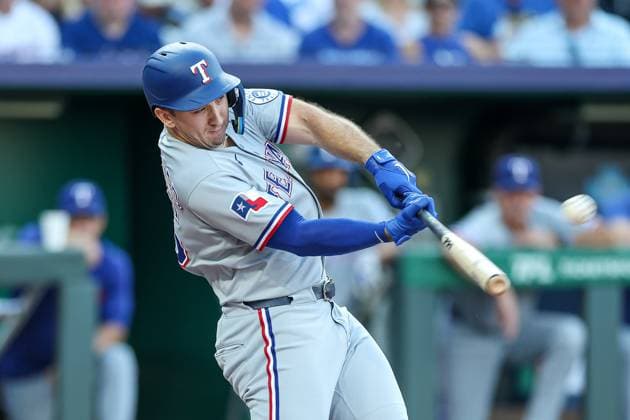 August 20, 2025: Texas Rangers left fielder Wyatt Langford (36) hits a solo home run during the first inning of a baseball game against the Kansas City Royals at Kauffman Stadium in Kansas City, MO. CSM Kansas City United States of America - ZUMAc04_ 20250820_zma_c04_008 Copyright: xDavidxSmithx