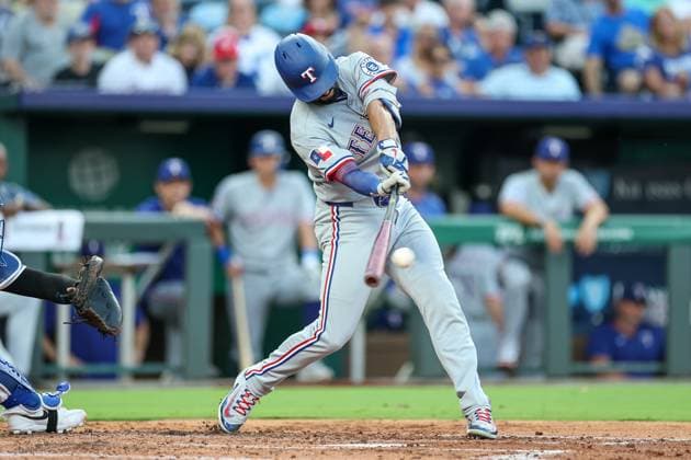 August 20, 2025: Texas Rangers second baseman Marcus Semien (2) hits an RBI single during the third inning of a baseball game against the Kansas City Royals at Kauffman Stadium in Kansas City, MO. CSM Kansas City United States of America - ZUMAc04_ 20250820_zma_c04_014 Copyright: xDavidxSmithx