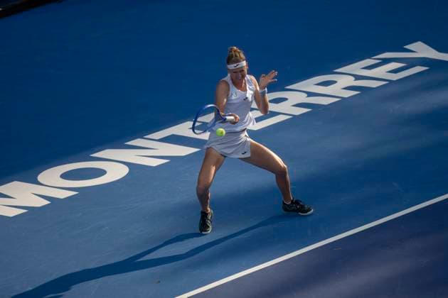 August 20, 2025, Monterrey, Nuevo Leon, Mexico: Marie BouzkovoÂ¡ (CZE) in action against Beatriz Haddad Maia (BRA) during their match at the Monterrey Open WTA, Tennis Damen 500. BouzkovoÂ¡ wins by a score of 6:3 6:4. Monterrey Mexico - ZUMAo125 20250820_zip_o125_005 Copyright: xAntonioxOjedax