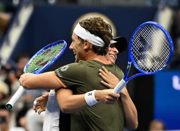 Iga Swiatek and Casper Ruud react after defeating Jessica Pegula and Jack Draper during the Mixed Doubles Semi Finals on Arthur Ashe Stadium at the 2025 US Open Tennis Championship at the USTA Billie Jean King National Tennis Center in New York City on Wednesday, August 20, 2025 in New York City. Jessica Pegula and Jack Draper were defeated by Iga Swiatek and Casper Ruud 5-3-3-5 8-10 and advance to the finals.  NYP20250820511 LarryxMarano