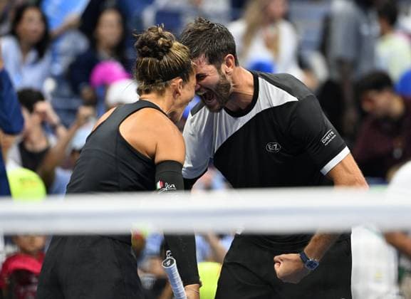 Sara Errani and Andrea Vavassori react after defeating Danielle Collins and Christian Harrison during the Mixed Doubles Semi Finals on Arthur Ashe Stadium at the 2025 US Open Tennis Championship at the USTA Billie Jean King National Tennis Center in New York City on Wednesday, August 20, 2025 in New York City. Sara Errani and Andrea Vavassori react after defeating Danielle Collins and Christian Harrison 4-2-4-2 and advance to the finals.  NYP20250820512 LarryxMarano