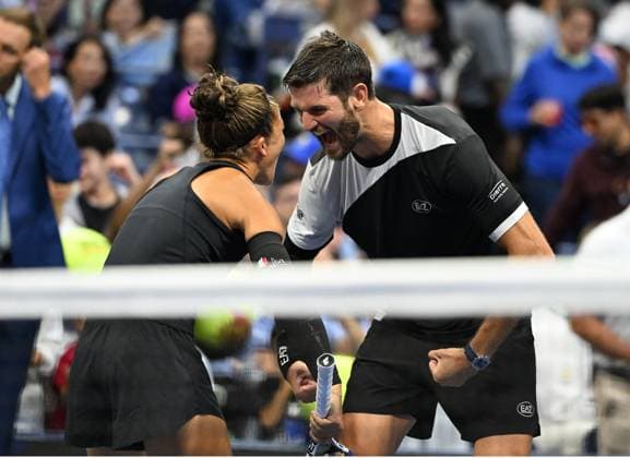 Sara Errani and Andrea Vavassori react after defeating Danielle Collins and Christian Harrison during the Mixed Doubles Semi Finals on Arthur Ashe Stadium at the 2025 US Open Tennis Championship at the USTA Billie Jean King National Tennis Center in New York City on Wednesday, August 20, 2025 in New York City. Sara Errani and Andrea Vavassori react after defeating Danielle Collins and Christian Harrison 4-2-4-2 and advance to the finals.  NYP20250820513 LarryxMarano