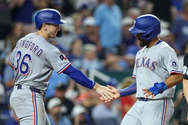 August 20, 2025: Texas Rangers left fielder Wyatt Langford (36) and second baseman Marcus Semien (2) react to scoring runs during the ninth inning of a baseball game against the Kansas City Royals at Kauffman Stadium in Kansas City, MO. CSM Kansas City United States of America - ZUMAc04_ 20250820_zma_c04_076 Copyright: xDavidxSmithx