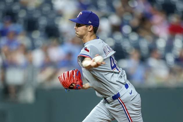 August 20, 2025: Texas Rangers relief pitcher Hoby Milner (41) throws during the eighth inning of a baseball game against the Kansas City Royals at Kauffman Stadium in Kansas City, MO. CSM Kansas City United States of America - ZUMAc04_ 20250820_zma_c04_077 Copyright: xDavidxSmithx