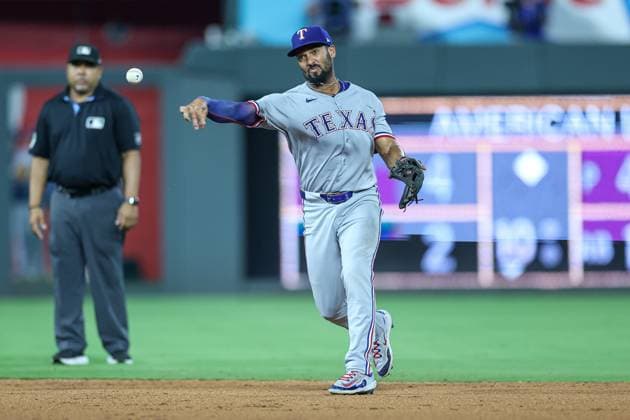 August 20, 2025: Texas Rangers second baseman Marcus Semien (2) throws to first for the out on Kansas City Royals shortstop Bobby Witt Jr. (7) during the ninth inning of a baseball game at Kauffman Stadium in Kansas City, MO. CSM Kansas City United States of America - ZUMAc04_ 20250820_zma_c04_080 Copyright: xDavidxSmithx