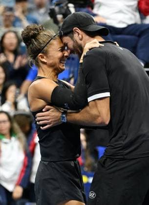 Sara Errani and Andrea Vavassori react during match point after defeating Iga Swiatek and Casper Ruud during the Mixed Doubles Final on Arthur Ashe Stadium at the 2025 US Open Tennis Championship at the USTA Billie Jean King National Tennis Center in New York City on Wednesday, August 20, 2025 in New York City.  NYP20250820525 LarryxMarano