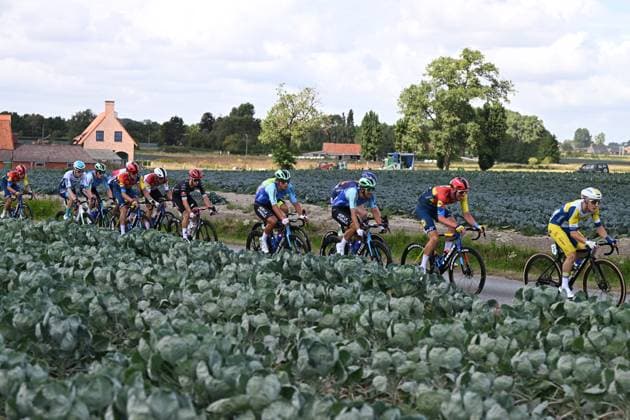 Belgian Dylan Vandenstorme of Team Flanders Baloise and Belgian Tim Declercq of Lidl-Trek pictured in action during the second stage of the Renewi Tour multi-stage cycling race, from Blankenberge to Ardooie (169,4 km) on Thursday 21 August 2025. The five-day race takes place in Belgium and the Netherlands. DAVIDxPINTENS  x131762589x