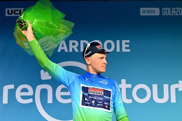 Belgian Tim Merlier of Soudal Quick-Step pictured on the podium after the second stage of the Renewi Tour multi-stage cycling race, from Blankenberge to Ardooie (169,4 km) on Thursday 21 August 2025. The five-day race takes place in Belgium and the Netherlands. DAVIDxPINTENS  x131780086x