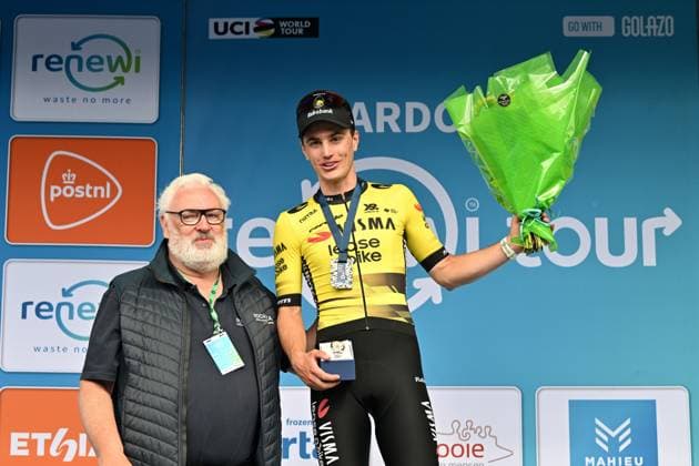 Dutch Olav Kooij of Team Visma-Lease a Bike celebrates on the podium after winning the second stage of the Renewi Tour multi-stage cycling race, from Blankenberge to Ardooie (169,4 km) on Thursday 21 August 2025. The five-day race takes place in Belgium and the Netherlands. DAVIDxPINTENS  x131780093x