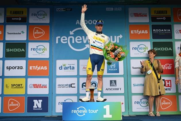 Belgian Siebe Deweirdt of Team Flanders Baloise pictured on the podium after the second stage of the Renewi Tour multi-stage cycling race, from Blankenberge to Ardooie (169,4 km) on Thursday 21 August 2025. The five-day race takes place in Belgium and the Netherlands. DAVIDxPINTENS  x131780165x
