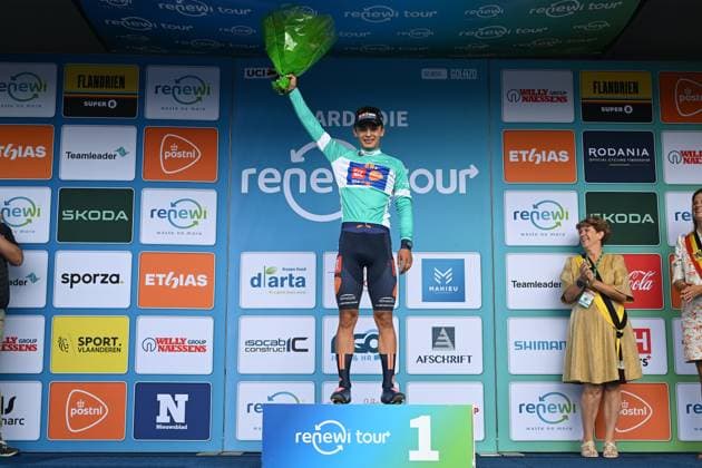 Czech Pavel Bittner of Team Picnic PostNL pictured on the podium after the second stage of the Renewi Tour multi-stage cycling race, from Blankenberge to Ardooie (169,4 km) on Thursday 21 August 2025. The five-day race takes place in Belgium and the Netherlands. DAVIDxPINTENS  x131780210x