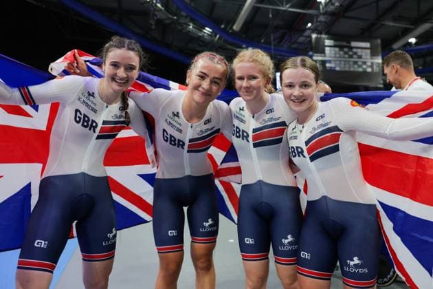 2025 UCI Junior Track World Championships Picture by Alex Whitehead SWpix.com - 21 08 2025 - Cycling - 2025 UCI Junior Track World Championships - Omnisport, Apeldoorn, Netherlands - Women Team Pursuit Final for Gold - (L to R) Abigail Miller (Great Britain), Erin Boothman (Great Britain), Evie Smith (Great Britain), Phoebe Taylor (Great Britain) celebrates winning the Women Team Pursuit Final for Gold Copyright: x xSWpix.comx(t axPhotographyxHubxLtd)xAlexxWhitehead SWpix.comx SWP-3030-0874
