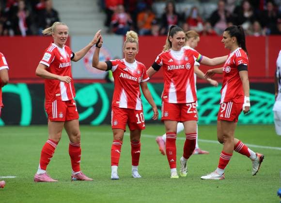 Football, Women, Test match, 2025 2026 season, FC Bayern Munich Real Madrid, Campus Lea Schüller Schueller FC Bayern Munich with Linda Dallmann FC Bayern Munich , Sarah Zadrazil FC Bayern Munich and Jovana Damnjanovic FC Bayern Munich f l n r