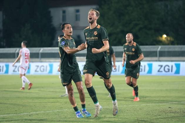 MOSTAR , 21-08-2025 , Stadium Bijeli Brijeg , season 2025 2026 , UEFA Europa League Football play off , match between Zrinjski and FC Utrecht , Picture shows Utrecht player David Min scores 0-1 from the penalty spot Zrinjski - Utrecht  x30603306x Copyright: