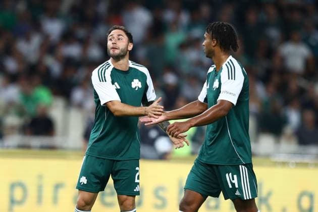 Davide Calabria and Erik Palmer-Brown of Panathinaikos react during the UEFA Europa League Play-offs 1st leg soccer match between Panathinaikos and Samsunspor held at Olympic Athletic Center of Athens in Athens, Greece, 21 August 2025. IMAGO ONE INCH PRODUCTIONS ATHENS Greece Copyright: xOnexInchxProductionsx 6636478