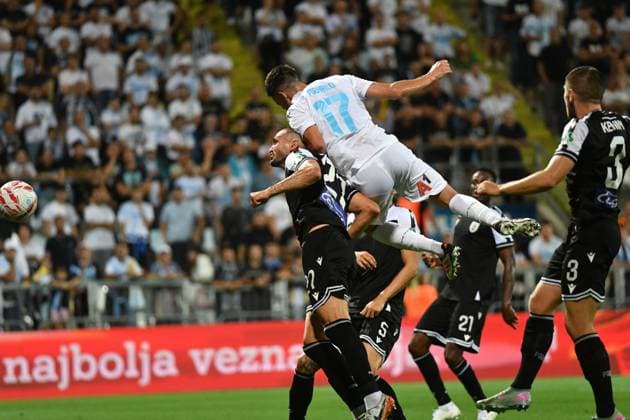 Rijeka, 210825. Rujevica Stadium. Player Luka Menalo scores for 1-0 on the first match of the 4th qualifying round of the UEFA Europa League Rijeka - PAOK. Photo: Damir Skomrlj CROPIX Copyright: xxDamirxSkomrljx xCROPIXx rijeka_paok19-210825