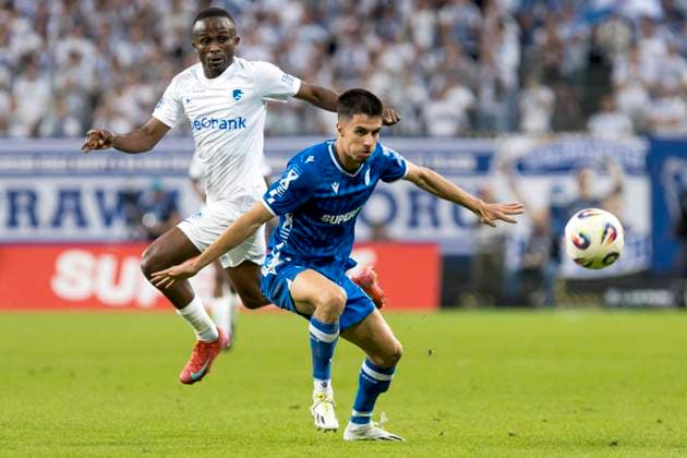 Lech Poznan v Genk - UEFA Europa League POZNAN, POLAND - AUGUST 21 : Sor Yira midfielder of KRC Genk, Moutinho Joao defender of Lech Poznan pictured during the UEFA Europa League 2025 26 Play-offs1st leg between Lech Poznan and KRC Genk on August 21, 2025 in Poznan, Poland 21 08 2025 Poznan Poland  Copyright: xAdamxCiereszkox