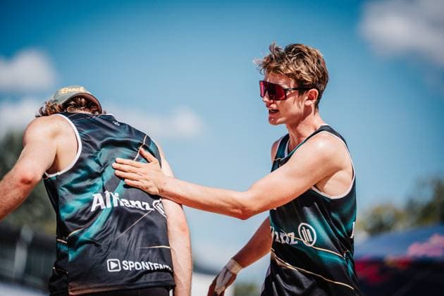 Beach volleyball men Allianz German Beach Tour 2025 Tourstop Berlin 21 08 2025 f l Malte Höppner and Moritz Camp Berlin Funkhaus Beach Berlin Germany