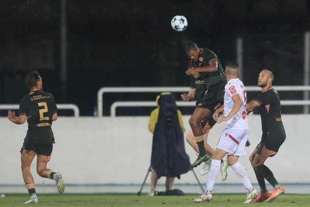 MOSTAR , 21-08-2025 , Stadium Bijeli Brijeg , season 2025 2026 , UEFA Europa League Football play off , match between Zrinjski and FC Utrecht 0-2. Picture shows Utrecht player Sebastian Haller and Mike van der Hoorn Zrinjski - Utrecht  x30604481x Copyright: