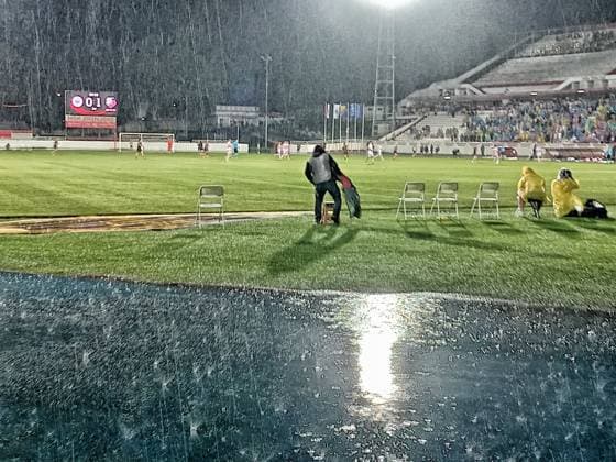 MOSTAR , 21-08-2025 , Stadium Bijeli Brijeg , season 2025 2026 , UEFA Europa League Football play off , match between Zrinjski and FC Utrecht 0-2. Picture shows heavy rainfall Zrinjski - Utrecht  x30605235x Copyright: