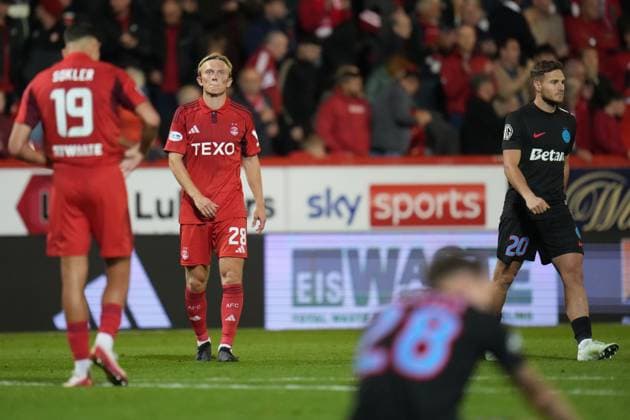 Aberdeen players react after full time Aberdeen v FCSB, UEFA Europa League, Play-Off Round, First Leg, Football, Pittodrie, Aberdeen, Scotland, UK - 21 Aug 2025Aberdeen Pittodrie Scotland United Kingdom EDITORIAL USE ONLY No use with unauthorised audio, video, data, fixture lists, club league logos or live services. Online in-match use limited to 120 images, no video emulation. No use in betting, games or single club league player publications. Copyright: xPetexSummers Shutterstockx 15449391fz